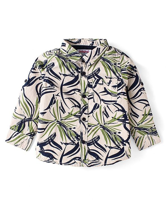 Babyhug Cotton Woven Full Sleeves Shirt & Trouser Set With Tropical Theme Print - Olive Green
