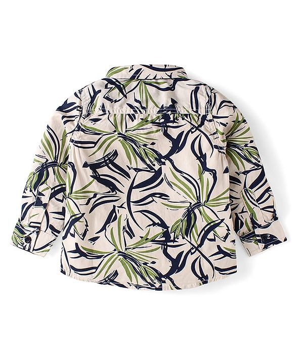 Babyhug Cotton Woven Full Sleeves Shirt & Trouser Set With Tropical Theme Print - Olive Green