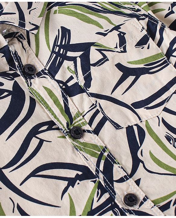 Babyhug Cotton Woven Full Sleeves Shirt & Trouser Set With Tropical Theme Print - Olive Green
