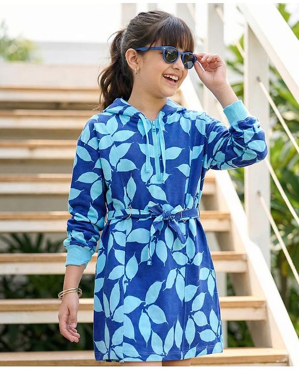 Pine Kids Cotton Knit Full Drop Shoulder Sleeves Hooded Sweatshirt Dress With Leafy Print & Front Tie Up-Blue