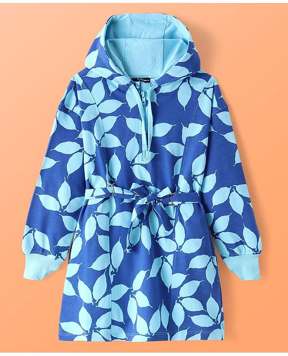 Pine Kids Cotton Knit Full Drop Shoulder Sleeves Hooded Sweatshirt Dress With Leafy Print & Front Tie Up-Blue