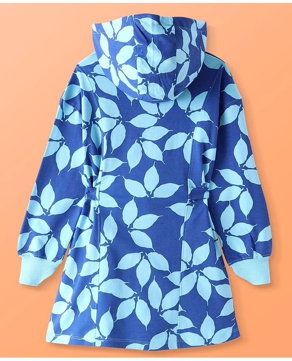 Pine Kids Cotton Knit Full Drop Shoulder Sleeves Hooded Sweatshirt Dress With Leafy Print & Front Tie Up-Blue