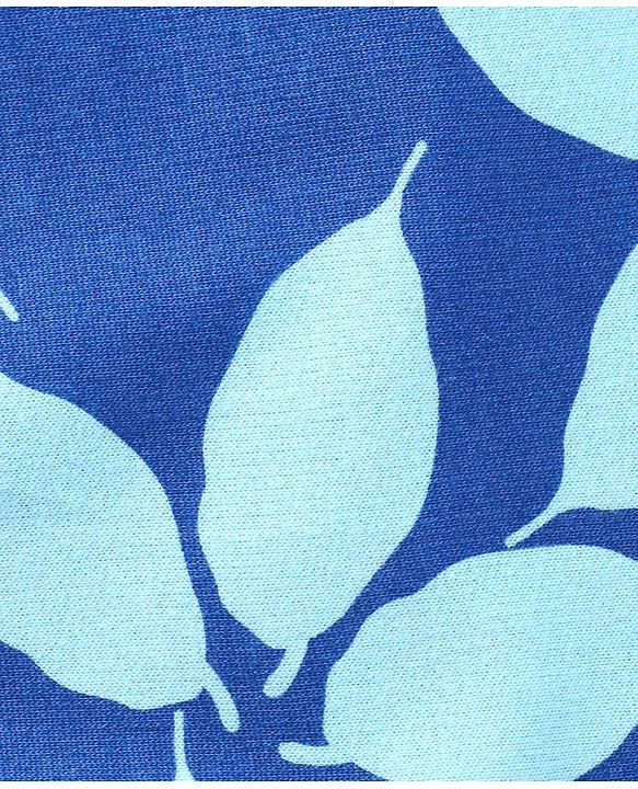 Pine Kids Cotton Knit Full Drop Shoulder Sleeves Hooded Sweatshirt Dress With Leafy Print & Front Tie Up-Blue