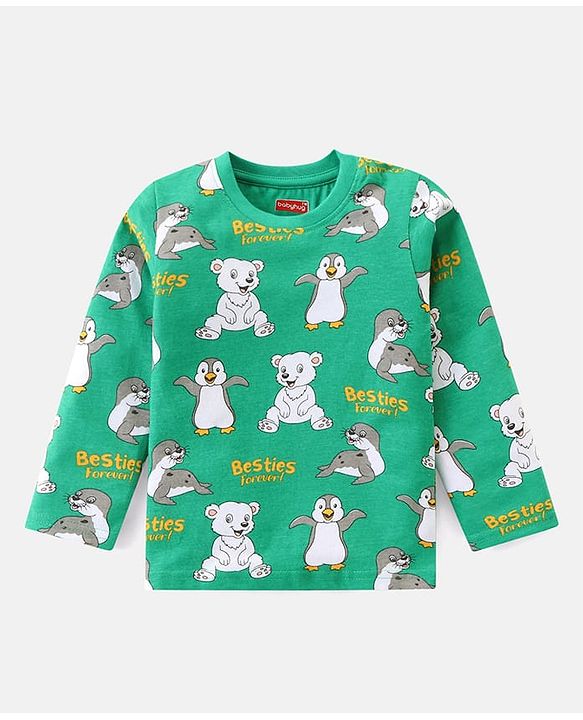 Babyhug Cotton Knit Full Sleeves Night Suit Penguin Print - Green