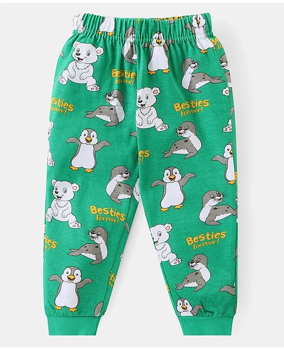 Babyhug Cotton Knit Full Sleeves Night Suit Penguin Print - Green