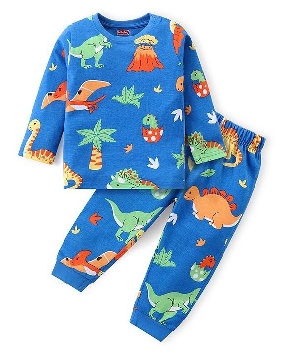 Babyhug Cotton Knit Full Sleeves Night Suit Dino Print - Blue