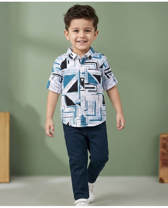 Babyhug Cotton Woven Full Sleeves  Geometric Printed Shirt & Trouser Set - Light Blue