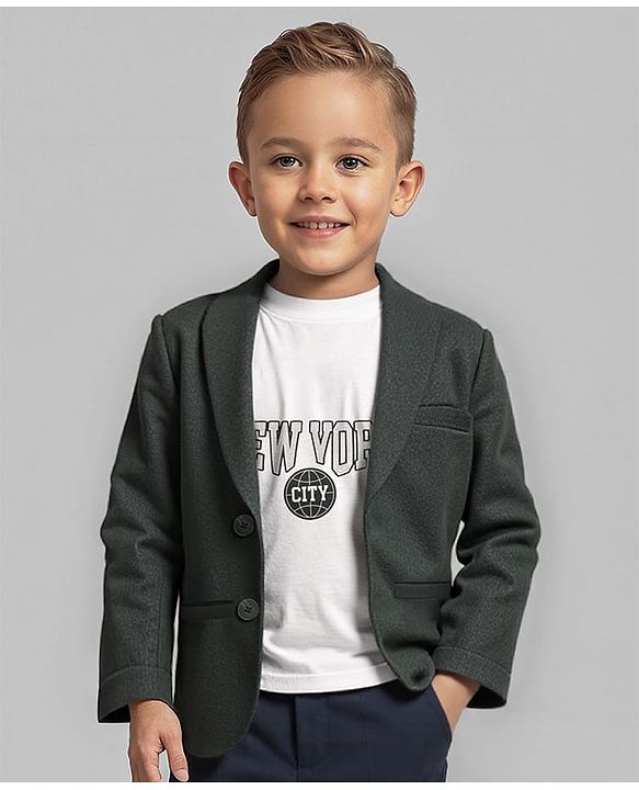 Babyhug Woven Full Sleeves Solid Colour Blazer & Text Printed T-Shirt - Olive Green