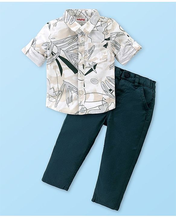 Babyhug Cotton Woven Full Sleeves Printed Shirt & Trouser Pants Set - White & Dark Green