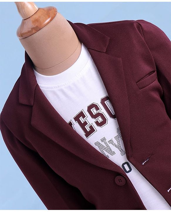 Babyhug Woven Full Sleeves Blazer & T-Shirt with Attached Text Print - Maroon