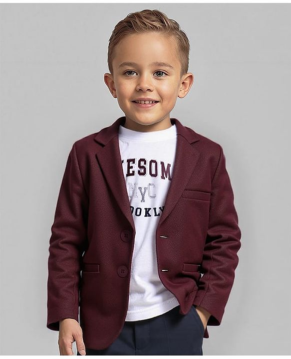 Babyhug Woven Full Sleeves Blazer & T-Shirt with Attached Text Print - Maroon