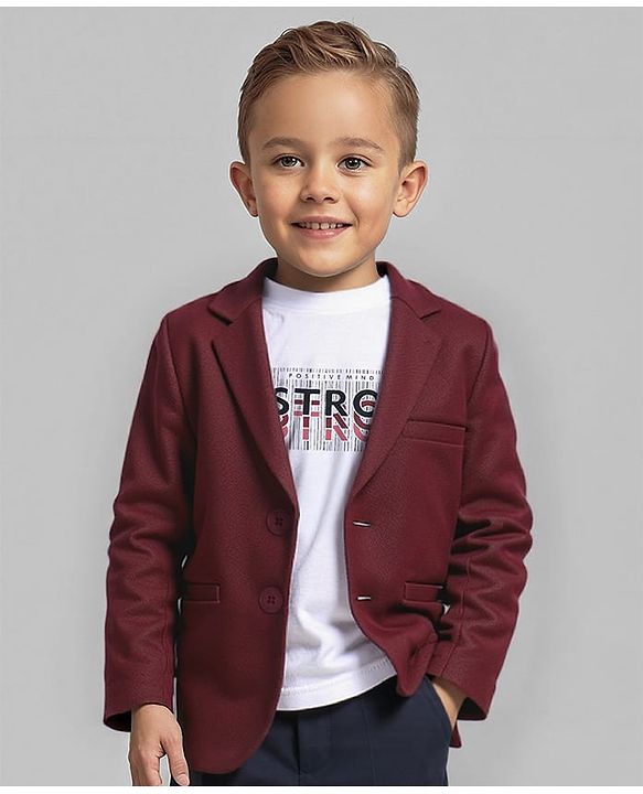 Babyhug Woven Full Sleeves Solid Colour Blazer & Text Printed T-Shirt - Maroon
