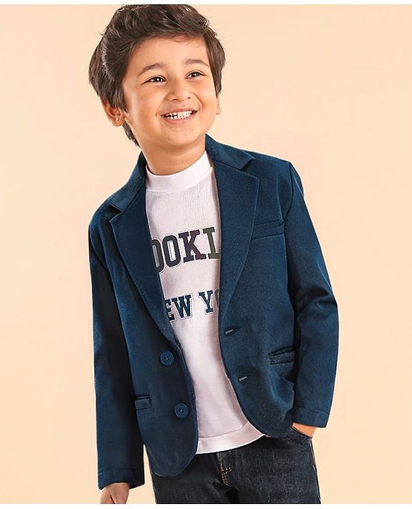 Babyhug Woven Full Sleeves Solid Colour Blazer with Text Printed T-Shirt - Navy Blue