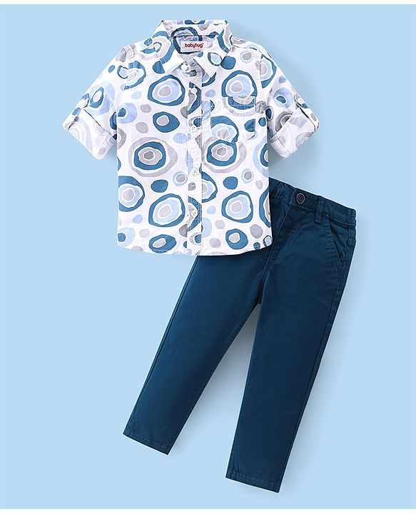 Babyhug Cotton Woven Full Sleeves Printed Shirt & Trouser Pants Set - Blue & Off White