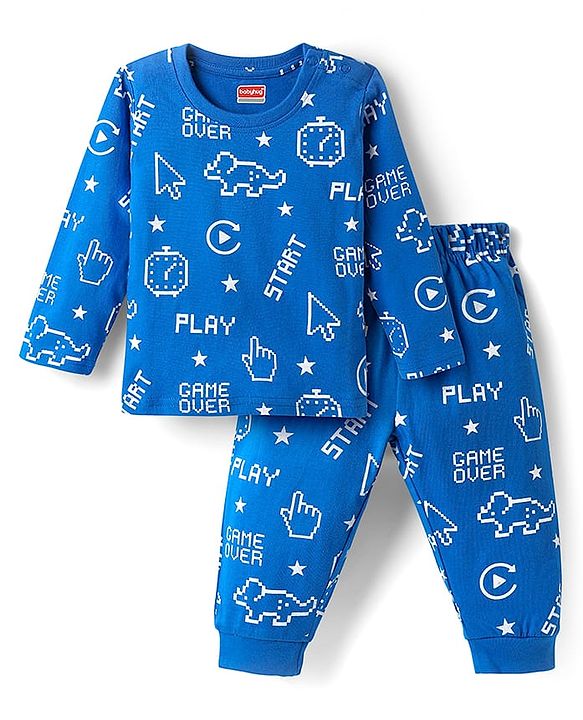 Babyhug Cotton Knit Full Sleeves Night Suit with Text Print - Blue