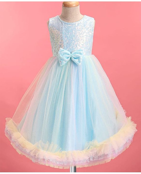 Babyhug Woven Sleeveless Fit & Flared Sequined on Yoke Party Dress with Bow Applique & Frill Detailing On Hem- Light Blue