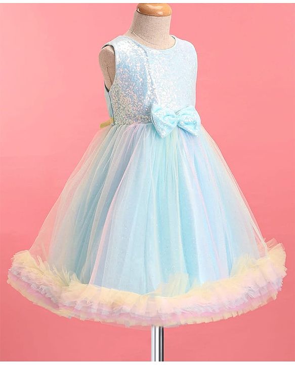 Babyhug Woven Sleeveless Fit & Flared Sequined on Yoke Party Dress with Bow Applique & Frill Detailing On Hem- Light Blue