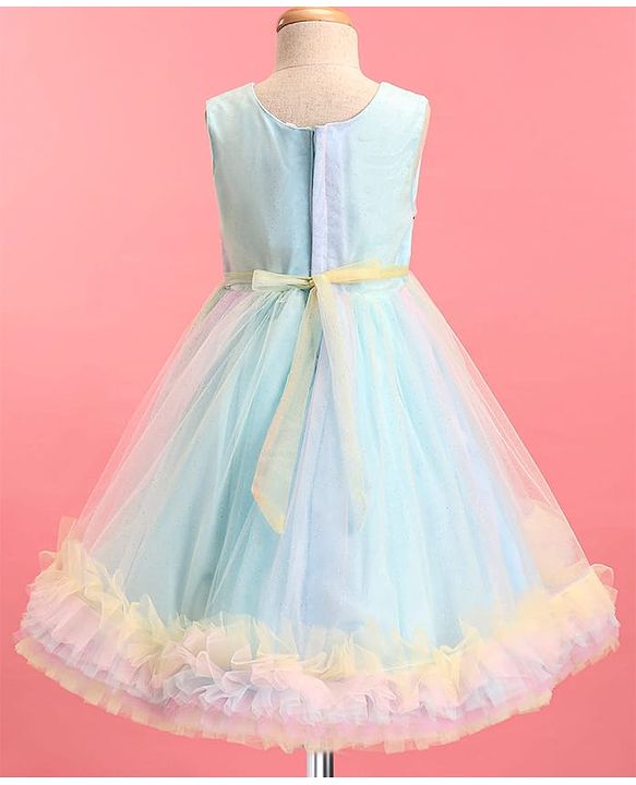 Babyhug Woven Sleeveless Fit & Flared Sequined on Yoke Party Dress with Bow Applique & Frill Detailing On Hem- Light Blue
