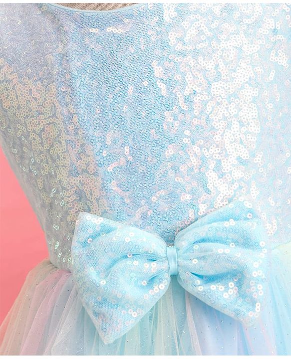 Babyhug Woven Sleeveless Fit & Flared Sequined on Yoke Party Dress with Bow Applique & Frill Detailing On Hem- Light Blue