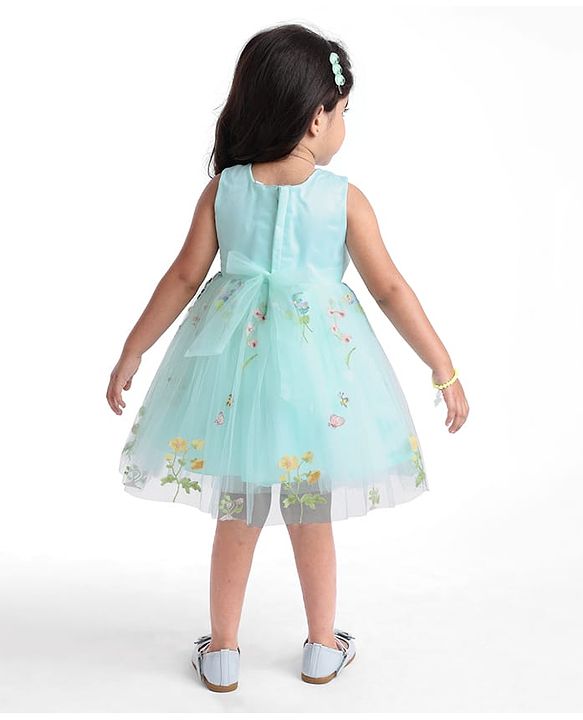 Babyhug Woven Sleeveless Fit and Flare Party Frock with Corsage Applique & Floral Embroidery Detailing - Light Blue