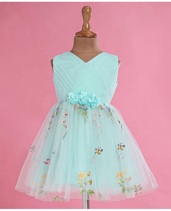 Babyhug Woven Sleeveless Fit and Flare Party Frock with Corsage Applique & Floral Embroidery Detailing - Light Blue