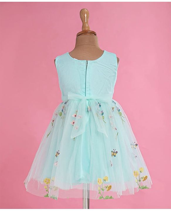 Babyhug Woven Sleeveless Fit and Flare Party Frock with Corsage Applique & Floral Embroidery Detailing - Light Blue