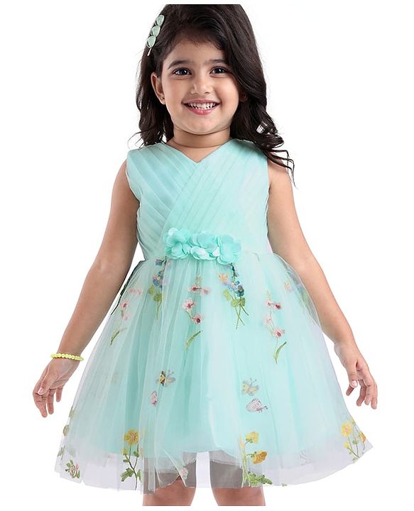 Babyhug Woven Sleeveless Fit and Flare Party Frock with Corsage Applique & Floral Embroidery Detailing - Light Blue