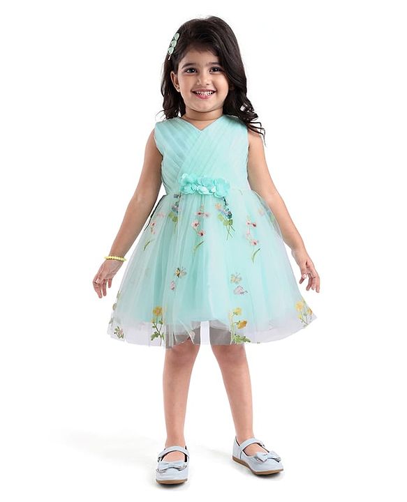 Babyhug Woven Sleeveless Fit and Flare Party Frock with Corsage Applique & Floral Embroidery Detailing - Light Blue