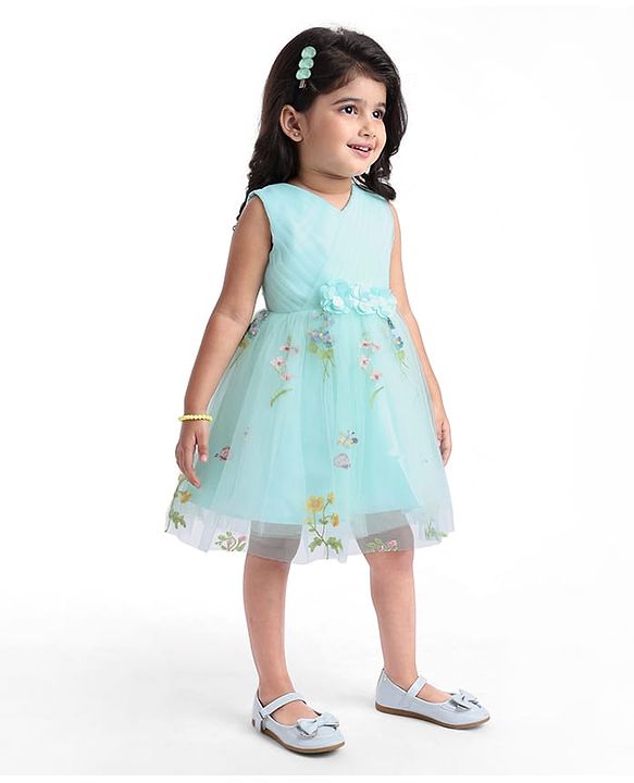 Babyhug Woven Sleeveless Fit and Flare Party Frock with Corsage Applique & Floral Embroidery Detailing - Light Blue