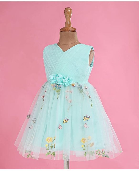 Babyhug Woven Sleeveless Fit and Flare Party Frock with Corsage Applique & Floral Embroidery Detailing - Light Blue
