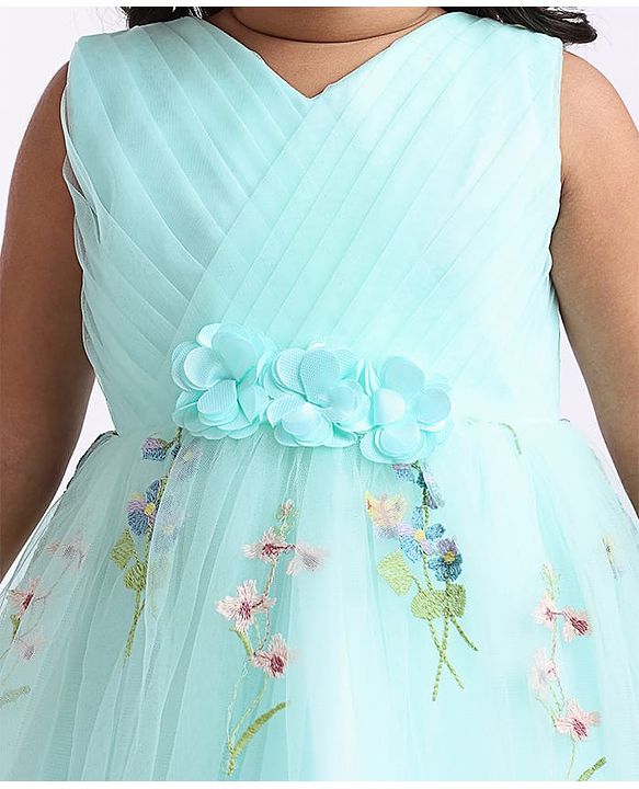 Babyhug Woven Sleeveless Fit and Flare Party Frock with Corsage Applique & Floral Embroidery Detailing - Light Blue
