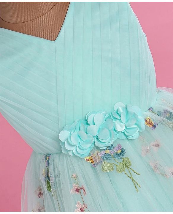 Babyhug Woven Sleeveless Fit and Flare Party Frock with Corsage Applique & Floral Embroidery Detailing - Light Blue