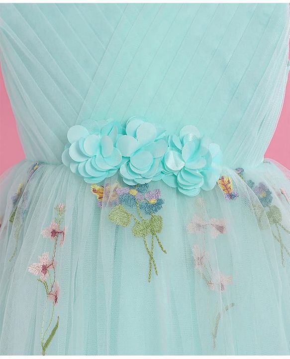 Babyhug Woven Sleeveless Fit and Flare Party Frock with Corsage Applique & Floral Embroidery Detailing - Light Blue