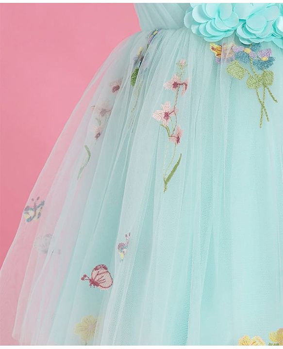 Babyhug Woven Sleeveless Fit and Flare Party Frock with Corsage Applique & Floral Embroidery Detailing - Light Blue