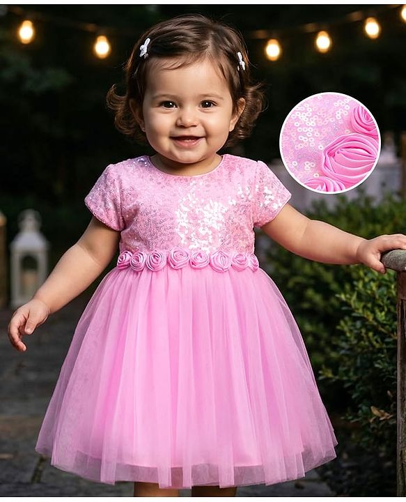 Babyhug Woven Half Sleeves Fit & Flared Party Frock with Sequin Embroidery & Floral Applique - Pink