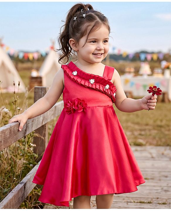 Babyhug Woven Sleeveless Fit & Flared  Party Frock with Floral Applique  & Pearl Detailing - Red