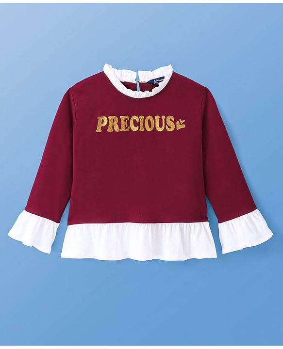 Pine Kids Cotton Knit Full Sleeves Text Printed Top - Maroon