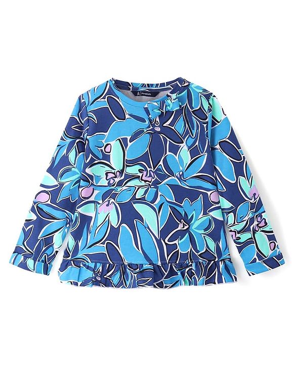 Pine Kids Cotton Knit Full Sleeves Floral Printed Top with Bow Applique - Navy Blue