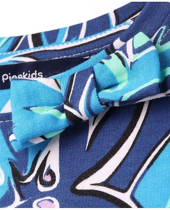 Pine Kids Cotton Knit Full Sleeves Floral Printed Top with Bow Applique - Navy Blue