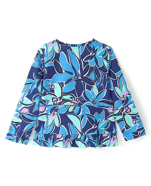 Pine Kids Cotton Knit Full Sleeves Floral Printed Top with Bow Applique - Navy Blue