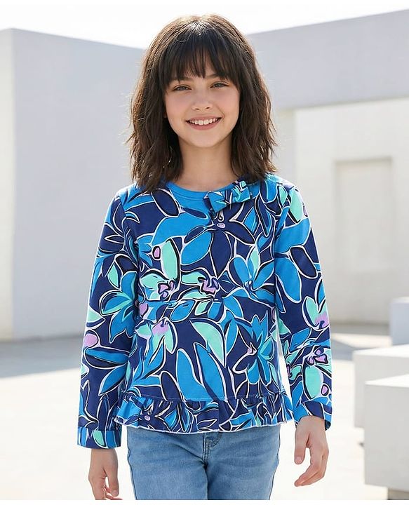 Pine Kids Cotton Knit Full Sleeves Floral Printed Top with Bow Applique - Navy Blue