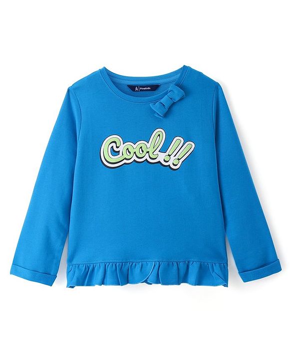 Pine Kids Cotton Knit Full Sleeves Top with Text Print Bow & Frill Detailing - Blue