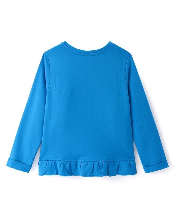 Pine Kids Cotton Knit Full Sleeves Top with Text Print Bow & Frill Detailing - Blue