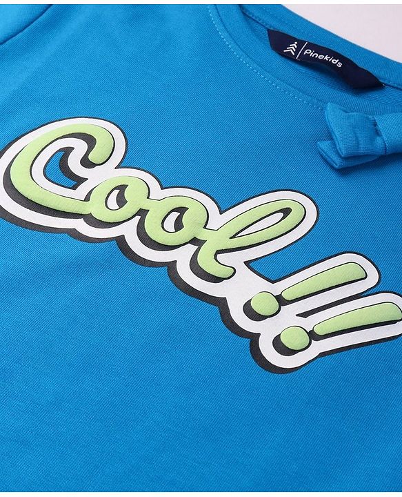 Pine Kids Cotton Knit Full Sleeves Top with Text Print Bow & Frill Detailing - Blue