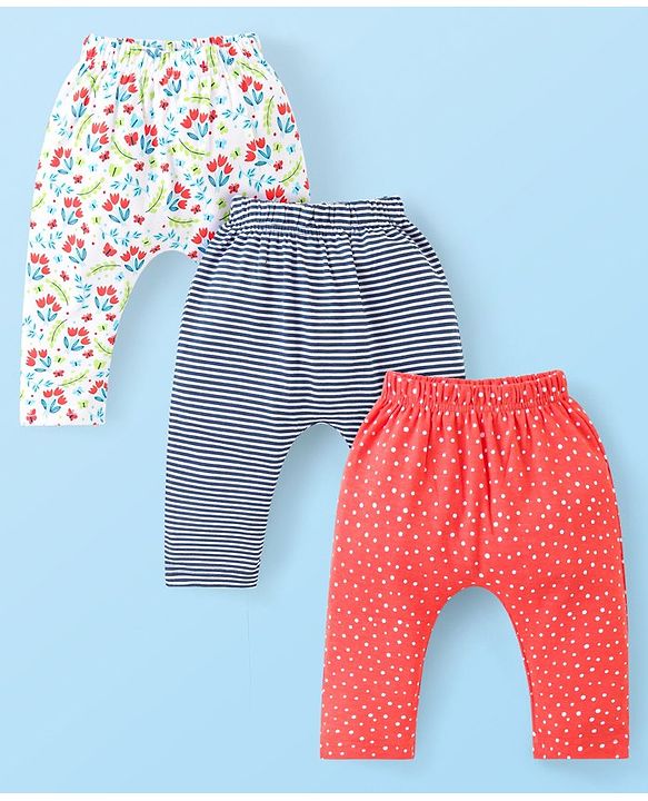 Babyhug Cotton Knit Full Length Diaper Leggings With Stripes Polka Dots & Floral Print Pack Of 3 - Navy Off White & Red