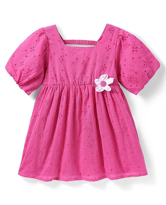 Babyhug Viscose Woven Half Sleeves Schiffli Frock with Headband Floral Applique - Dark Pink