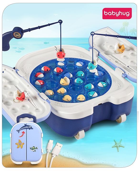 Babyhug Premium  Rechargeable Magnetic Fishing Game Portable Trolly|25 colourful fishes with 2 fish catching rods| C-Type Charging | Music & Lights | Best for Gifting | Made in India-Blue