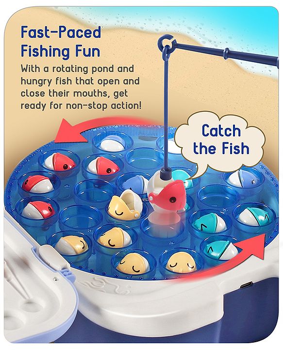 Babyhug Premium  Rechargeable Magnetic Fishing Game Portable Trolly|25 colourful fishes with 2 fish catching rods| C-Type Charging | Music & Lights | Best for Gifting | Made in India-Blue