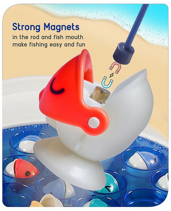 Babyhug Premium  Rechargeable Magnetic Fishing Game Portable Trolly|25 colourful fishes with 2 fish catching rods| C-Type Charging | Music & Lights | Best for Gifting | Made in India-Blue