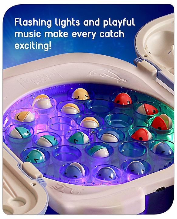 Babyhug Premium  Rechargeable Magnetic Fishing Game Portable Trolly|25 colourful fishes with 2 fish catching rods| C-Type Charging | Music & Lights | Best for Gifting | Made in India-Blue